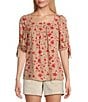 Color:Birch Paisley - Image 1 - Paisley Print Woven Square Neck 3/4 Tie Sleeve Peasant Top