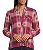 Westbound Petite Long Sleeve Y-Neck Button Front Top, Color:Fuchsia Plaid - Image 1
