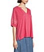 Color:Fruit Dove Pink - Image 3 - Petite Size 3/4 Puff Sleeve V-Neck Top