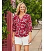 Westbound Petite Size Abstract Elbow Puff Sleeve Partial Button Front Top, Color:Persian Red Abstract - Image 5