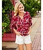 Westbound Petite Size Abstract Elbow Puff Sleeve Partial Button Front Top, Color:Persian Red Abstract - Image 6