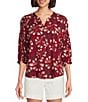 Westbound Petite Size Abstract Elbow Puff Sleeve Partial Button Front Top, Color:Persian Red Abstract - Image 1