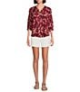 Westbound Petite Size Abstract Elbow Puff Sleeve Partial Button Front Top, Color:Persian Red Abstract - Image 3