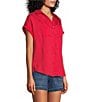 Color:Tomato Puree - Image 3 - Petite Size Camp Short Sleeve Point Collar Button Front Shirt