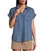 Color:Medium Wash Indigo - Image 1 - Petite Size Camp Short Sleeve Point Collar Button Front Shirt