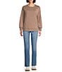 Westbound Petite Size Crew Neck Button Detail Long Sleeve Quilted Pullover, Color:Fossil - Image 5