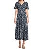 Color:Navy Dot - Image 1 - Petite Size Dotted Print Flutter Short Sleeve V-Neck Button Front Tiered Maxi Dress