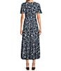 Color:Navy Dot - Image 2 - Petite Size Dotted Print Flutter Short Sleeve V-Neck Button Front Tiered Maxi Dress