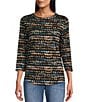Color:Linear Stamp - Image 1 - Petite Size Knit Linear Stamp 3/4 Sleeve Crew Neck Top