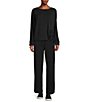 Color:Black - Image 3 - Petite Size Knit Long Sleeve Crew Neck Ruched Shirt