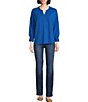 Color:Blue Coral - Image 3 - Petite Size Knit Long Sleeve Henley Pullover Shirt