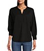 Color:Black - Image 1 - Petite Size Knit Long Sleeve Henley Pullover Shirt