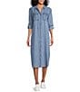 Westbound Petite Size Point Collar 3/4 Roll-Tab Sleeve Button-Front Chambray Midi Shirt Dress, Color:Medium Wash Indigo - Image 1