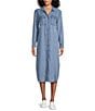 Westbound Petite Size Point Collar 3/4 Roll-Tab Sleeve Button-Front Chambray Midi Shirt Dress, Color:Medium Wash Indigo - Image 3