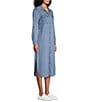 Westbound Petite Size Point Collar 3/4 Roll-Tab Sleeve Button-Front Chambray Midi Shirt Dress, Color:Medium Wash Indigo - Image 4
