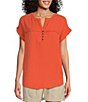 Color:Mecca Orange - Image 1 - Petite Size Short Sleeve Woven Henley Shirt