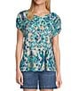 Color:Light Blue Bisque Ikat - Image 1 - Petite Size Ikat Sleeveless Y-Neck Ruched Henley Top