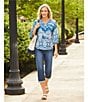 Westbound Petite Size Tie-Dye Print Elbow Puff Sleeve Partial Button Front Top, Color:Camo Blue Zigzag - Image 4