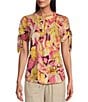 Color:Clustered Garden - Image 1 - Petite Size Tie Short Sleeve Y-Neck Pleated Top