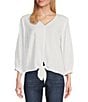 Color:White - Image 1 - Petite Size Woven 3/4 Sleeve V-Neck Pullover Tie Front Top