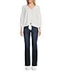 Color:White - Image 3 - Petite Size Woven 3/4 Sleeve V-Neck Pullover Tie Front Top