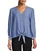 Color:Blue - Image 1 - Petite Size Woven 3/4 Sleeve V-Neck Pullover Tie Front Top