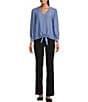 Color:Blue - Image 3 - Petite Size Woven 3/4 Sleeve V-Neck Pullover Tie Front Top
