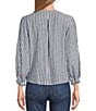 Color:Blue Sandy Stripe - Image 2 - Petite Size Woven Linen Blend Long Sleeve V-Neck Pullover Tie Front Top