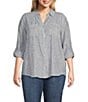 Westbound Plus Size 3/4 Roll-Tab Sleeve Point Collar Y-Neck Button Front Top, Color:Spring Stripe - Image 1