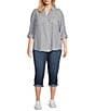 Westbound Plus Size 3/4 Roll-Tab Sleeve Point Collar Y-Neck Button Front Top, Color:Spring Stripe - Image 3