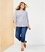 Westbound Plus Size 3/4 Roll-Tab Sleeve Point Collar Y-Neck Button Front Top, Color:Spring Stripe - Image 6