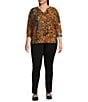 Westbound Plus Size Notch Collar 3/4 Sleeve Printed Blouse, Color:Umber Multi - Image 3