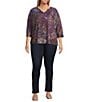 Westbound Plus Size Notch Collar 3/4 Sleeve Printed Blouse, Color:Purple Multi - Image 3