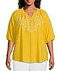 Westbound Plus Size 3/4 Sleeve Ruffle V-Neck Embroidered Yoke Partial Button Front Top, Color:Daffodil - Image 1