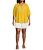 Westbound Plus Size 3/4 Sleeve Ruffle V-Neck Embroidered Yoke Partial Button Front Top, Color:Daffodil - Image 3