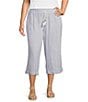 Westbound Plus Size Blue White Stripe Crop Linen Blend Pants, Color:Blue White Stripe - Image 1