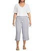 Westbound Plus Size Blue White Stripe Crop Linen Blend Pants, Color:Blue White Stripe - Image 3