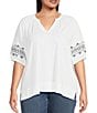 Color:White - Image 1 - Plus Size Embroidered 3/4 Puff Sleeve V-Neck Top