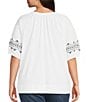 Color:White - Image 2 - Plus Size Embroidered Short Puff Sleeve V-Neck Top