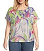 Color:Bright Wash Leaf - Image 1 - Plus Size Henley Cuffed Short Sleeve Rounded Hem Top