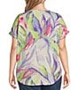 Color:Bright Wash Leaf - Image 2 - Plus Size Henley Cuffed Short Sleeve Rounded Hem Top