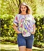 Color:Bright Wash Leaf - Image 5 - Plus Size Henley Cuffed Short Sleeve Rounded Hem Top