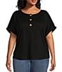 Color:Black - Image 1 - Plus Size Henley Round Neck Cuffed Short Sleeve Top