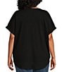 Color:Black - Image 2 - Plus Size Henley Round Neck Cuffed Short Sleeve Top