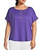 Color:Purple Opulence - Image 1 - Plus Size Henley Round Neck Cuffed Short Sleeve Top