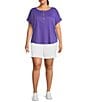 Color:Purple Opulence - Image 3 - Plus Size Henley Round Neck Cuffed Short Sleeve Top