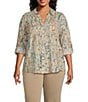 Westbound Plus Size Ikat Animal 3/4 Roll-Tab Sleeve Point Collar Y-Neck Button Front Top, Color:Ikat Animal - Image 1