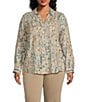 Westbound Plus Size Ikat Animal 3/4 Roll-Tab Sleeve Point Collar Y-Neck Button Front Top, Color:Ikat Animal - Image 2