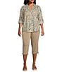 Westbound Plus Size Ikat Animal 3/4 Roll-Tab Sleeve Point Collar Y-Neck Button Front Top, Color:Ikat Animal - Image 4