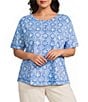 Westbound Plus Size Indigo Tile Short Sleeve Slub Knit Crew Neck Top - Image 1